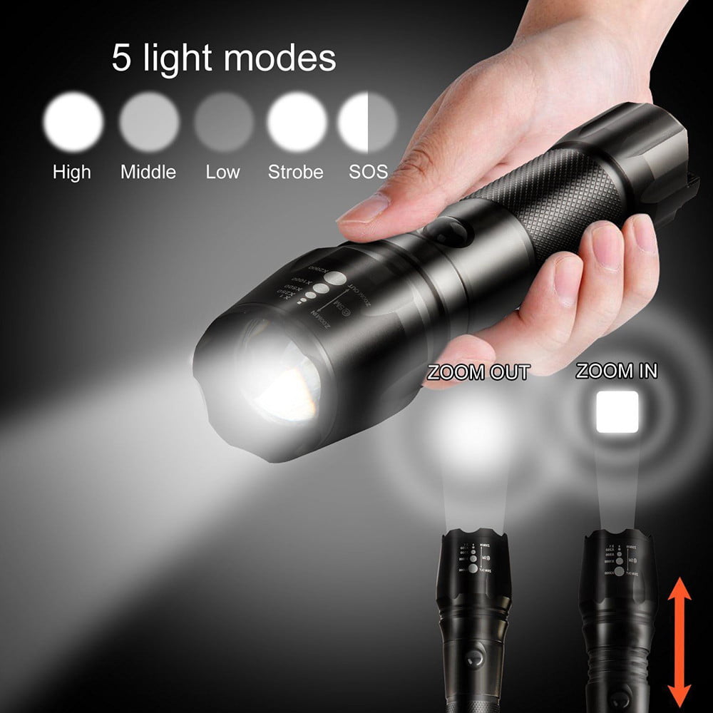 US 10000Lumen Zoomable LED Flashlight Focus Torch Lamp Camping Light Black 