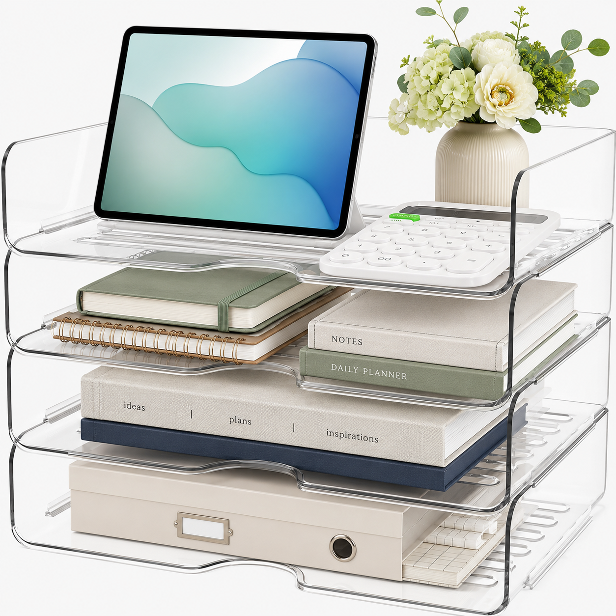 PHANCIR Clear 4-Tier Stackable Desk Organizer, Horizontal Paper File Tray, Desktop Document Sorter & Storage for Office, Home, School, Holds A4, Letters, Notebooks, Books & Office Supplies