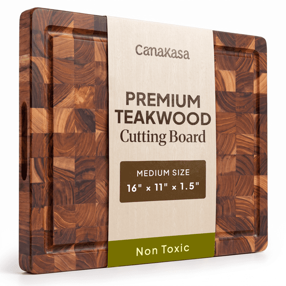 CanaKasa End Grain Teak Wood Butcher Block Cutting Board 16x11 Inch – 1.5" Thick Heavy Duty Kitchen Board with Juice Groove, Knife-Friendly Self-Healing Surface