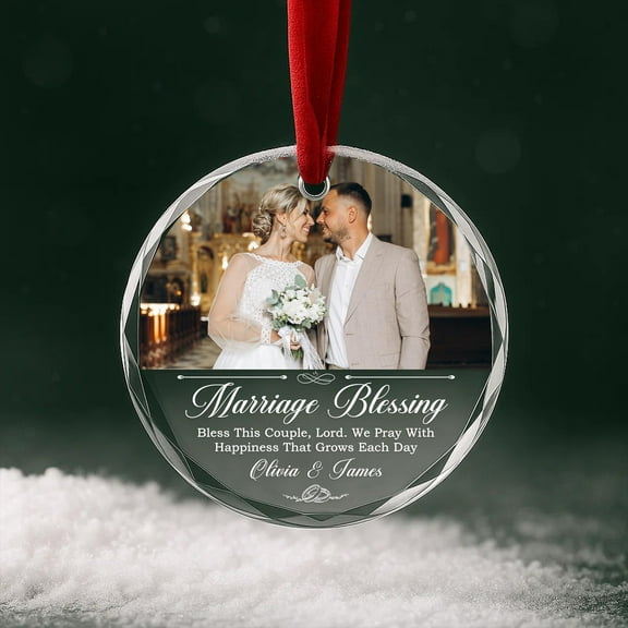 Marriage blessing photo glass ornament gift for newlyweds, personalized wedding keepsake, Christian couple ornament, custom picture, first Christmas married