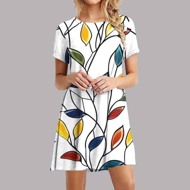 Été jusqu'à 65 % de Rabais Iumwxz Robe à Col Rond à Manches Courtes pour Femme Tendance Ligne A Décontractée Plissée Robe Courte Robes à Imprimé Feuilles Robes d'Été pour Femmes Robe Habillée pour Costume