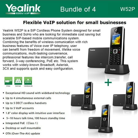 Yealink W52P 4-PACK SIP Cordless Phone IP DECT Phone Handset and Base