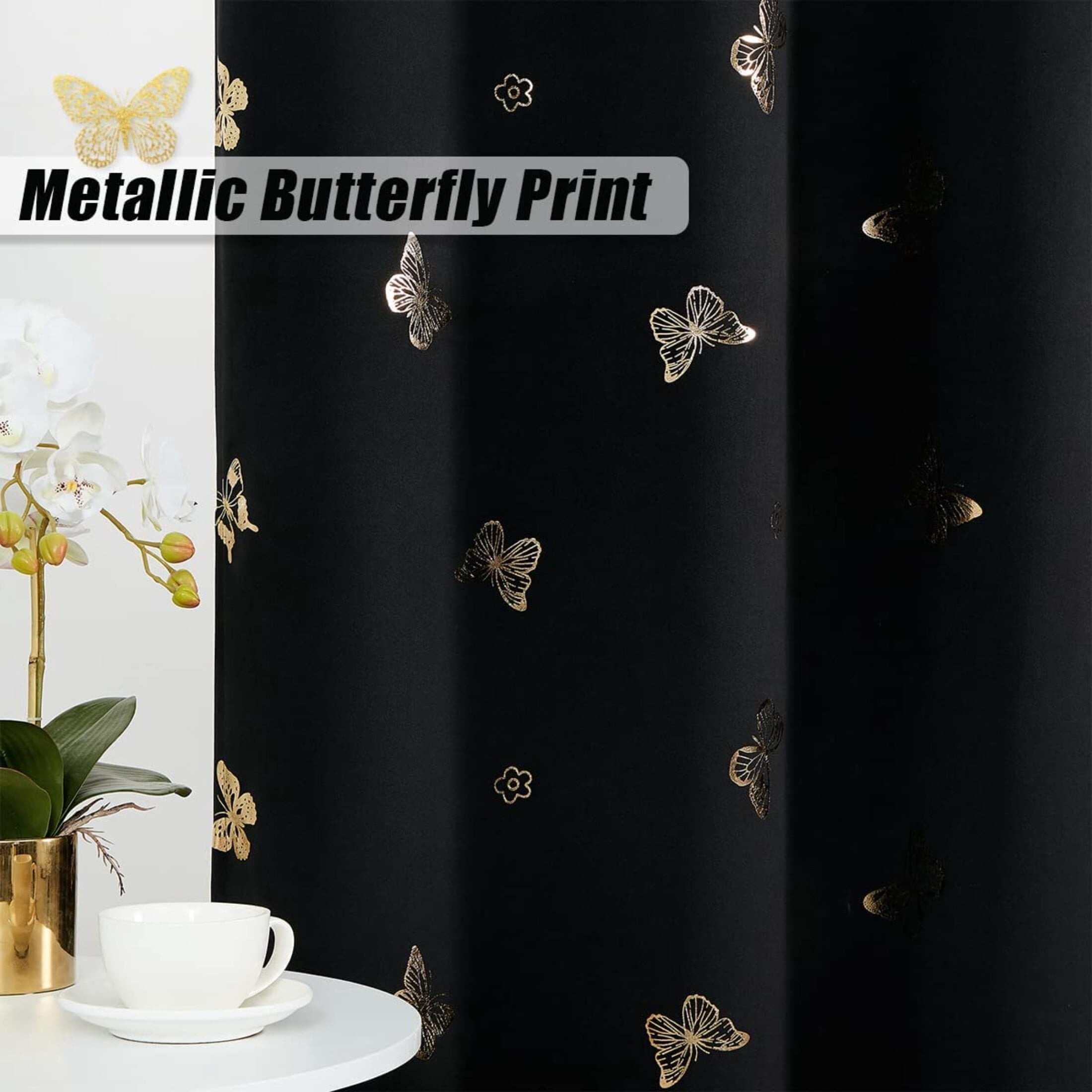Flowpartex Butterfly Blackout Curtain Panels Set of 2 for Living Room Darkening Black and Gold Foil Print Grommet Top Window Drapes for Nursery Kids Bedroom, 63"L×52"W