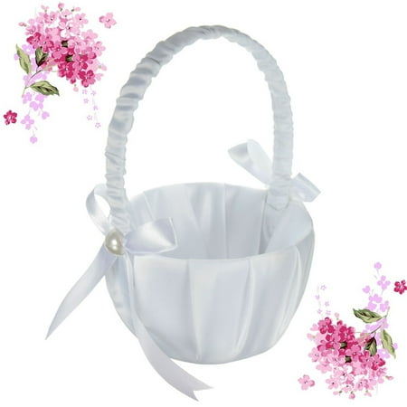 Flower Arranging Baskets - White Satin Beaded Flower Girl Basket Bowknot Decor for Wedding Ceremony Party