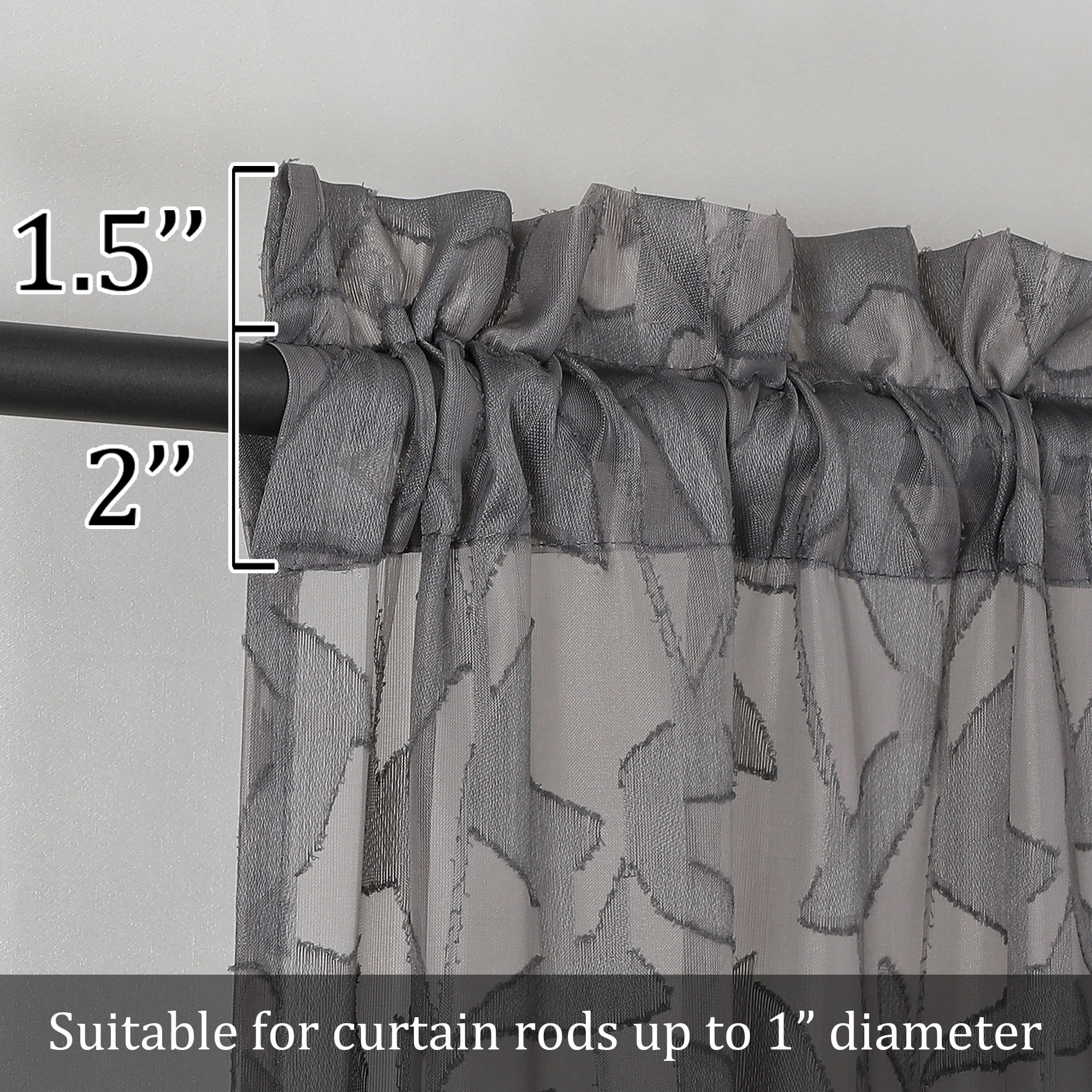 OVZME Leila Light Filtering Grey Sheer Curtains 72 Inches Long 2 Panels, Textured Jacquard Leaf Pattern Farmhouse Door Curtains for Living Room, Bedroom, Bathroom, Each 40Wx72L Inch, Grey