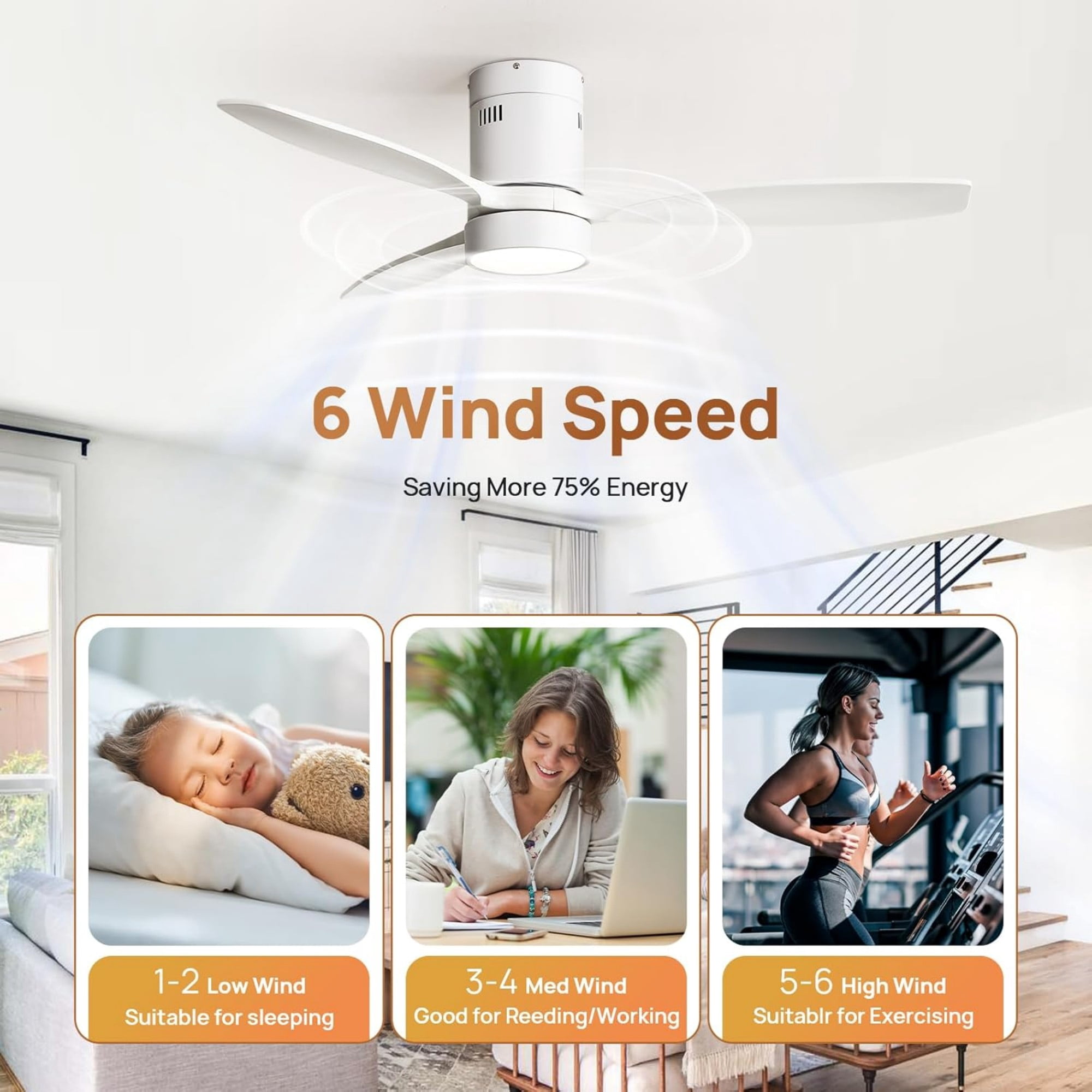 Sofucor 52 inch Wood Low Profile White Ceiling Fans with Lights and Remote, Modern Flush Mount Quiet Ceiling Fan for Bedroom, Reversible DC Moto