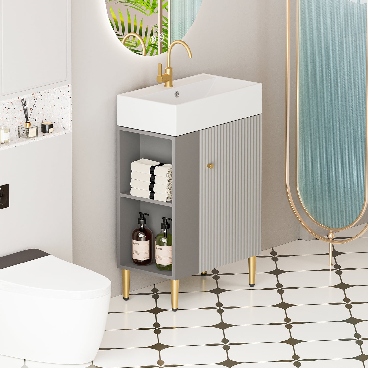 Demi Bonn 21" Bathroom Vanity with Ceramic Sink and Soft-Closing Door, Cloakroom Open Shelf Storage Cabinet on the Left Side, Faucets and Drains Not Included, Gray