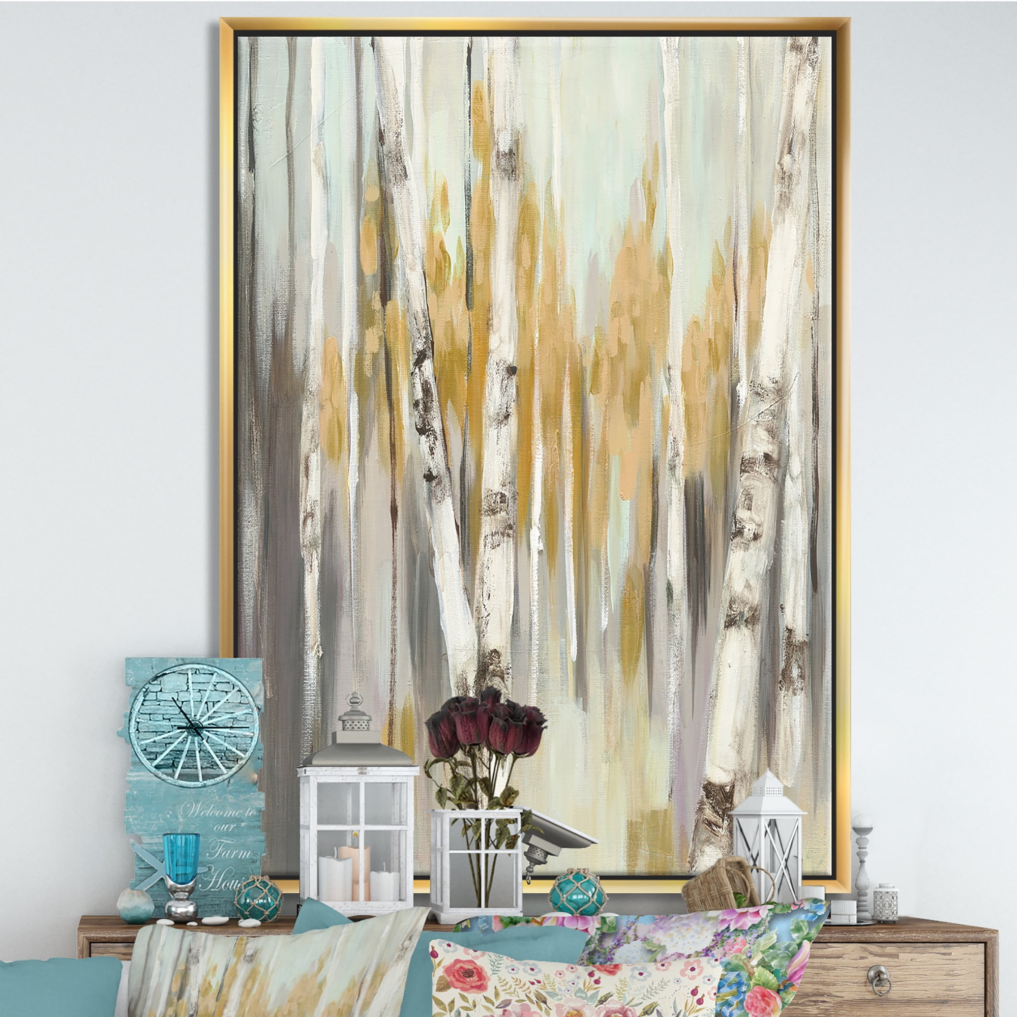 Designart ' Silver and Yellow Birch Forest ' Cottage Framed Canvas