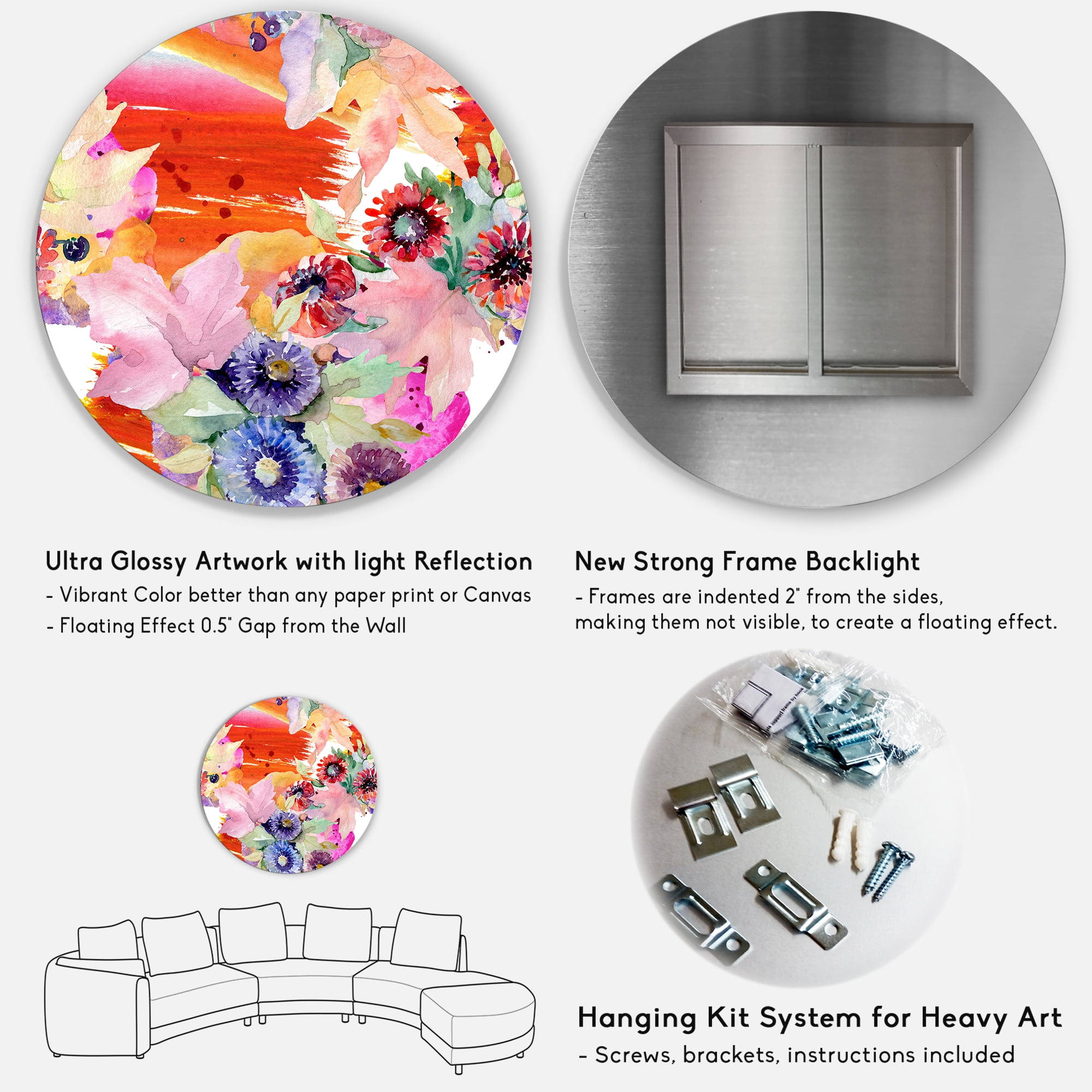 Designart 'Wildflowers and Vibrant Wild Spring Leaves VII' Modern Circle Metal Wall Art 29x29 - Disc of 29
