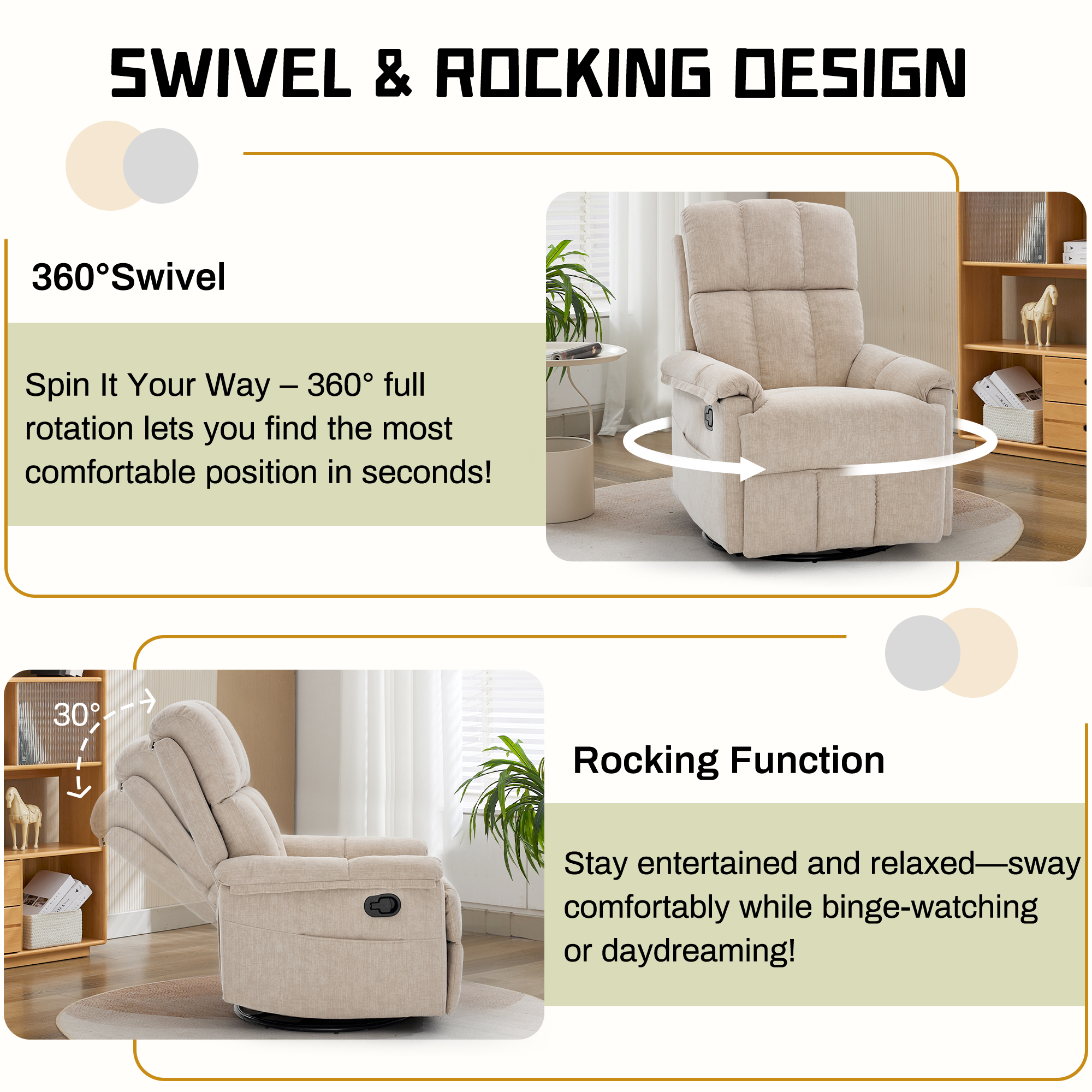 Korser 360°Swivel Recliner Chair for Adults with Side Pockets,Small Rocking Recliner for Small Spaces for Living Room,Nursery,Khaki