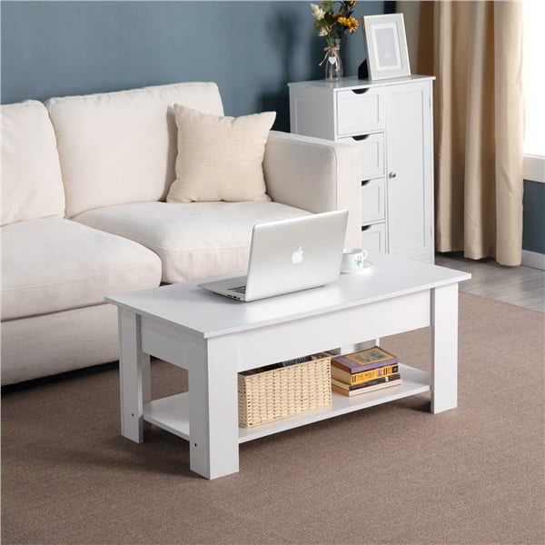 Wooden Lift Top Coffee Table Hidden Compartment & Storage,White