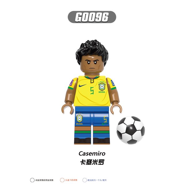 minifiguras de fútbol lego bloques de construcción messi ronaldo neymar mbappe figuras juguete Minifigura de bloque de construcción de 4.5 CM con camiseta amarilla y short azul con número 5, pelo negro moldeado, estampados del escudo de Brasil y balón pequeño; a menudo usada como pieza de juego o exhibición.