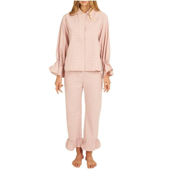 Womens Plaid Pajamas Set Bell Long Sleeve Nightwear Oversized Button Down Lounge Open Front Casual Nightgown Lapel Sleepwear for Ladies Stylish Fall Cozy Outfits Costume S-XL