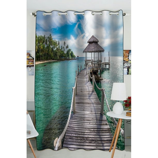 Phfzk Ocean Theme Window Curtain, Long Wooden Bridge In Beautiful
