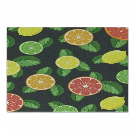 

Fruits Cutting Board Citrus Leaves Rhythmic Print on Dark Backdrop Decorative Tempered Glass Cutting and Serving Board in 3 Sizes by Ambesonne