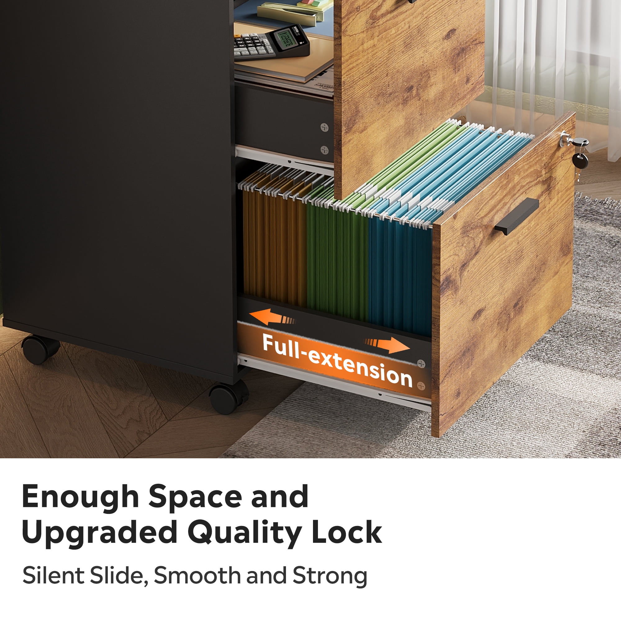 GALAXHERO 2 Drawer Filing Cabinet with Lock, Wooden Printer Stand with Storage for Home Office, Mobile Locking file Cabinet Fits Letter/A4 Hanging Files, Rustic Brown