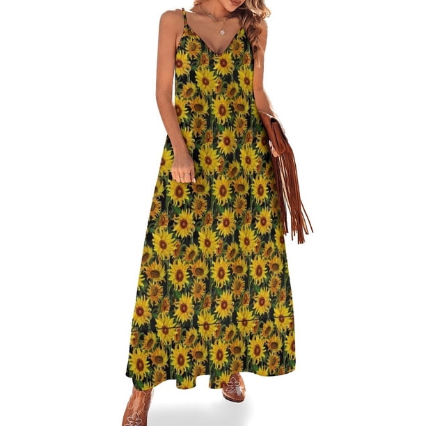 Vestido sin mangas de campo de girasoles, ropa de fiesta de lujo para mujer, vestido de noche para mujer