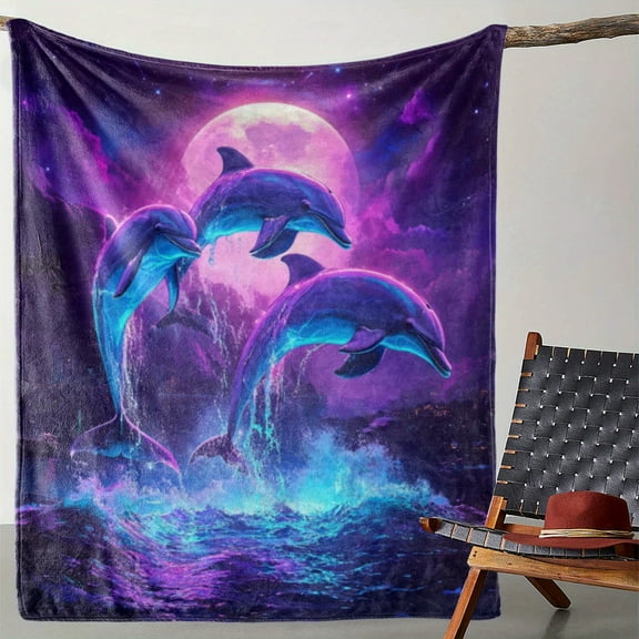 Dolphin Moon Flannel Fleece Blanket – Ultra-Soft Throw Vibrant Digital Print Cozy & Warm for Sofa Bed Car Office Camping Travel All-Season Gift Mixed Colors Vintage Style