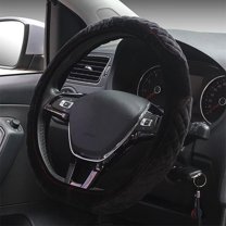 Plush Steering Wheel Cover, Flat Bottom Car Steering Wheel Protector D Cut Shaped, Universal Diameter 38 cm 15", Black