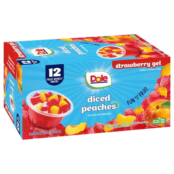Dole Fruit Bowls Peaches in Strawberry AIS1 Flavored Gel Snacks, 4.3oz 12 Total Cups, Gluten & Dairy Free, Bulk Lunch Snacks for Kids & Adults