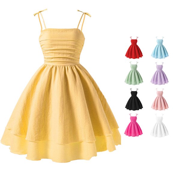 FYDUU Girls Dress Sleeveless Tie Knot Spaghetti Strap Midi Dresses Summer Smocked Tiered Beach Sundress for Girls A-Line Dress 7-8 Years