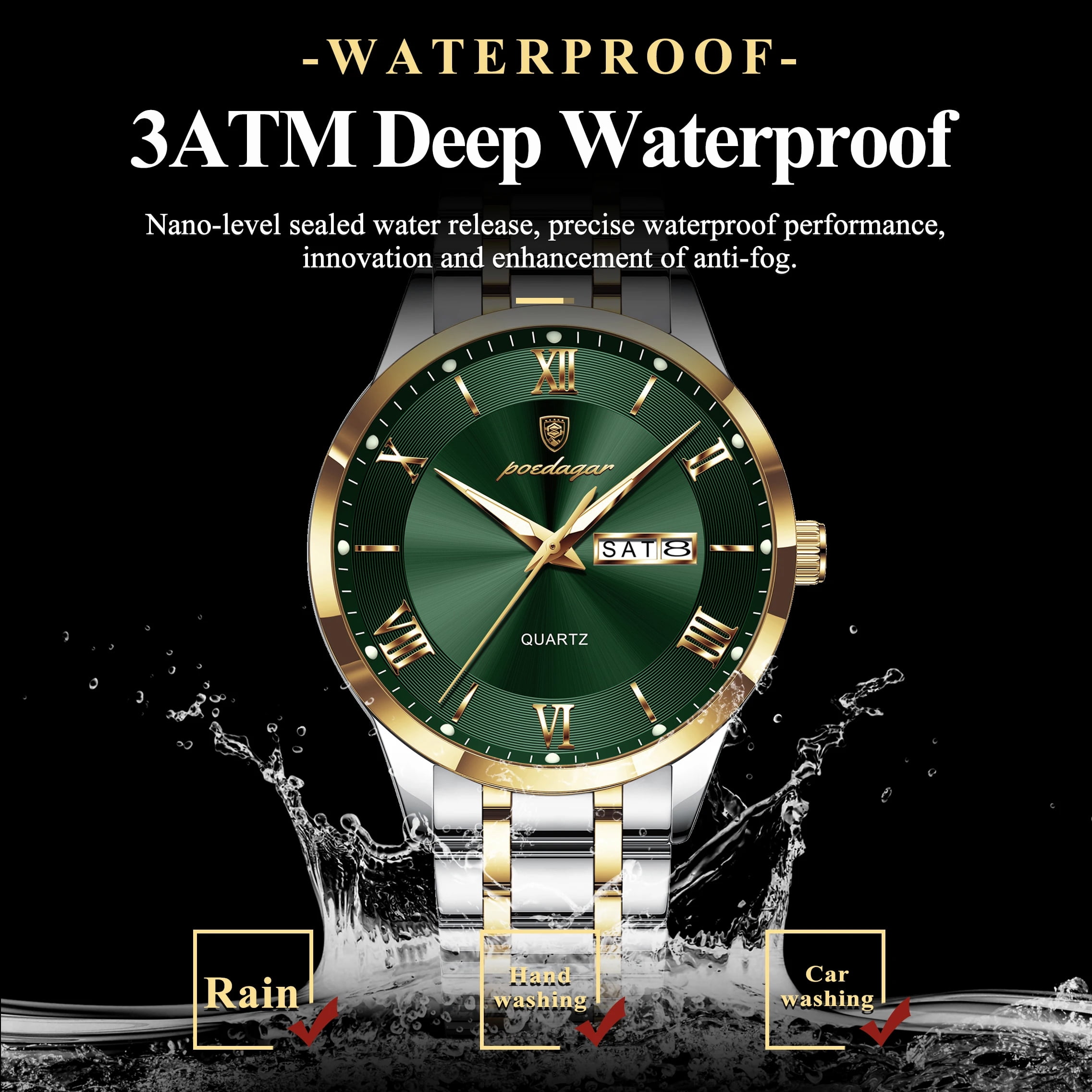 POEDAGAR Fashion Stainless Steel Men's Quartz Watches Waterproof Luminous Week Date Sports Man Wrist Watch