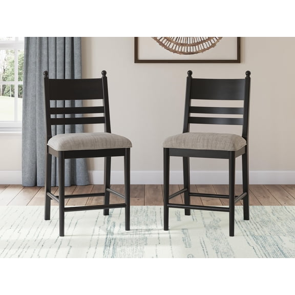 Signature Design by Ashley Chadworth Counter Height Upholstered Barstools, Set of 2, Black Wood Frame with Gray Foam Cushioned Seat