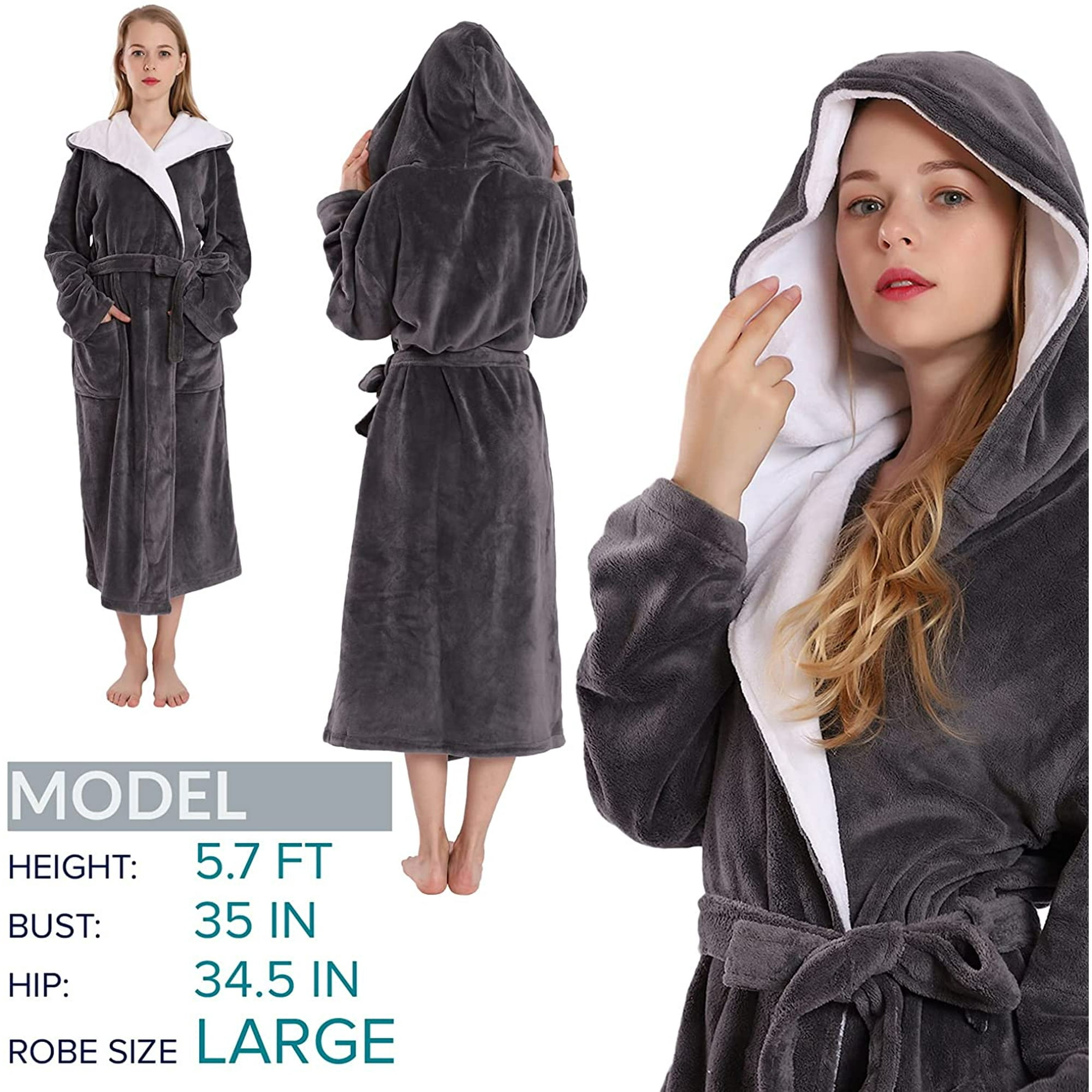 Seakanana Women s Large Hooded Long Bathrobe with Chest Button Lightweight Fleece Soft House Coat Walmart