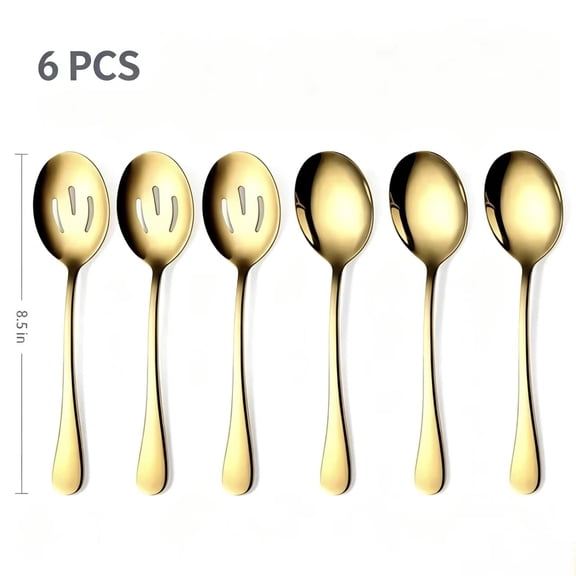 Vruelia Gold Serving Spoons 6 Pieces, Stainless Steel Utensils with Mirror Polished,3 Spoon and 3 Slotted
