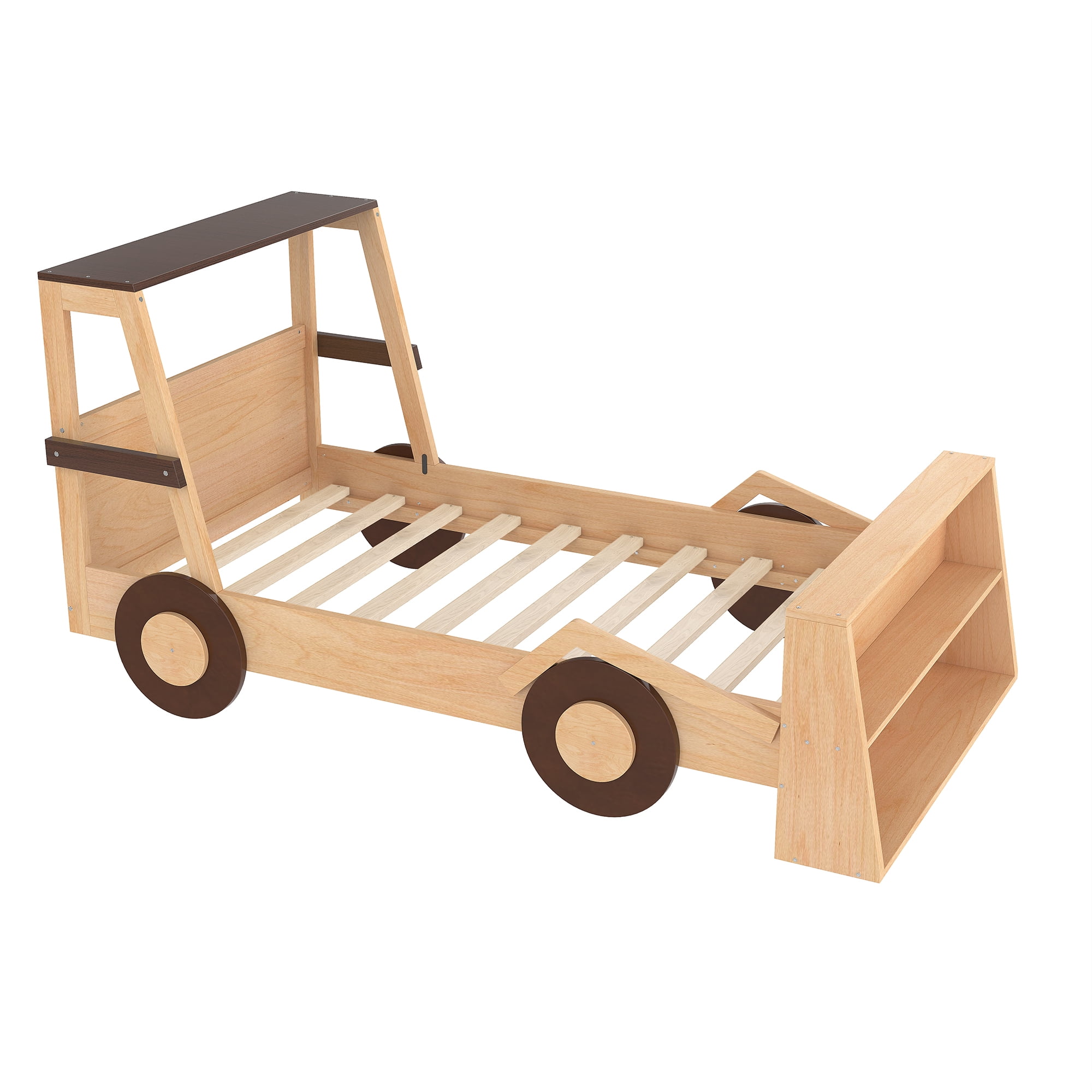 Harper & Bright Designs Twin Size Car Bed with Storage Shelves, Wood Platform Bed with Car-shape for Boys and Girls, Natural