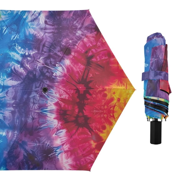 Tie Dye in Rainbow Colors All Weather Umbrella Triple Folding Parasol 6 Ribs UV Protection Portable