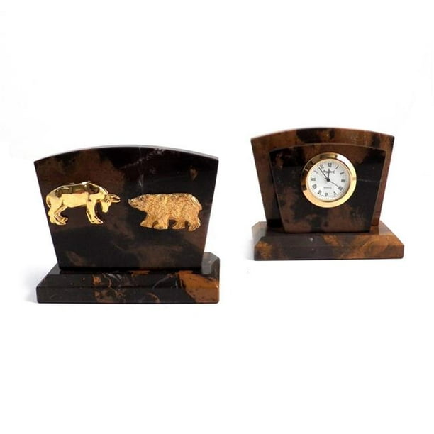 Bey-Berk International D017B Stock Market Tiger Eye Marble & Gold Plated  Accents Quartz Clock & Letter Rack
