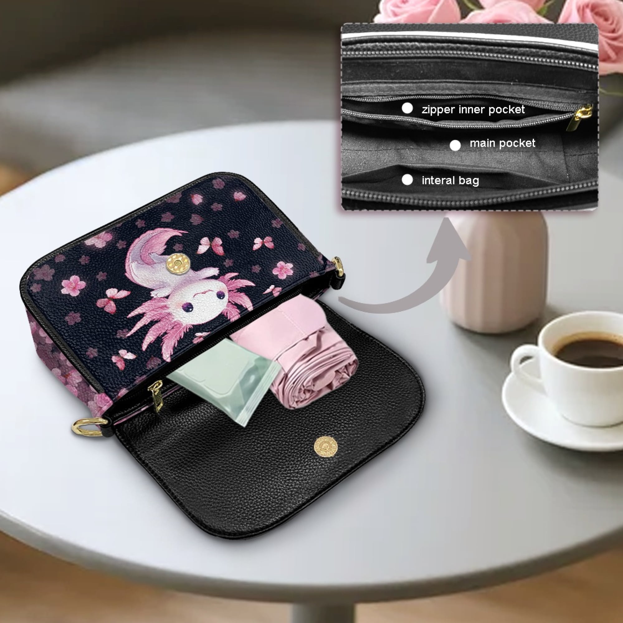 TSOVTHRID Axolotl Butterfly Cherry Blossom Print Crossbody Purse for Women Small Crossbody Bag Crossover Shoulder Bag Cell Phone Leather Handbag with Wide Strap