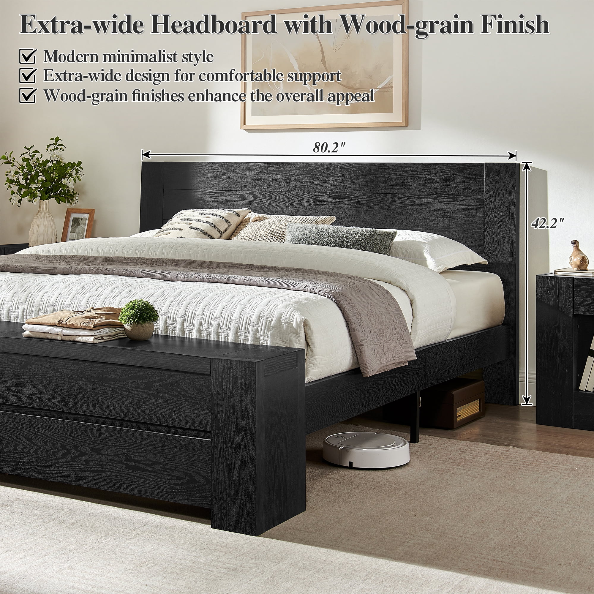 KeyWhat Modern King Size Storage Bed Frame with Panel Headboard, Footboard Storage Bench, Built-In Drawers, Lift-Up Compartments, No Box Spring Needed, Black Oak
