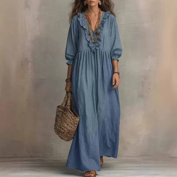 Dolkfu Cotton Blend Women'S Dresses V-Neck Petal 3/4 Sleeve Blue Maxi Peasant Dresses Retro Vintage Modern Solid Relaxed Fit Dresses Blue,L