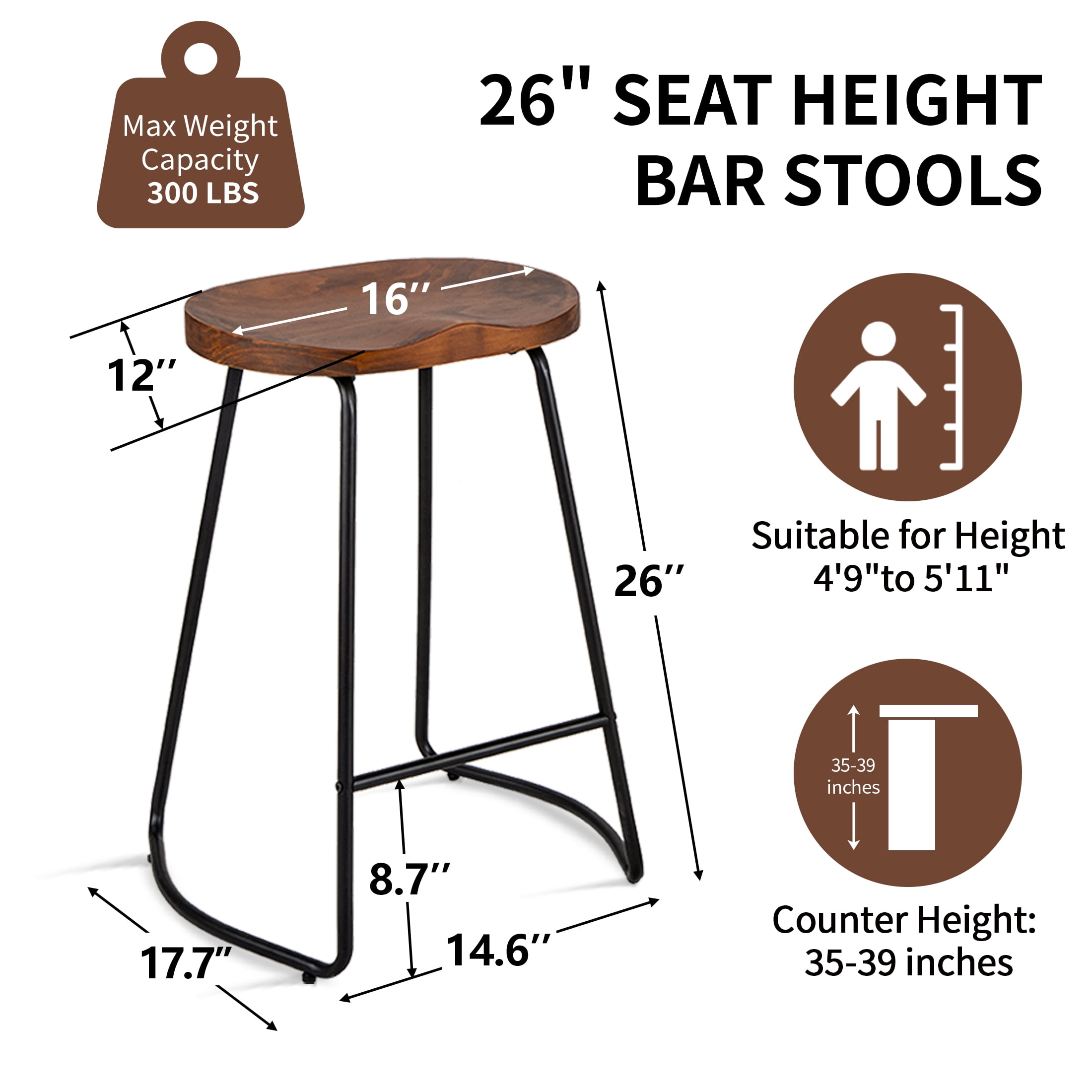 FIRAVOE Bar Stools Set of 3 (Solid Wood Saddle Seat) 26 Inch Counter Height Barstools Backless Counter Stools for Kitchen Island