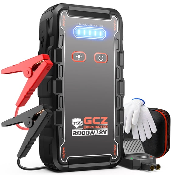 GCZ 2000A Car Jump Starter, Portable Jump Box for Trucks, SUVs & Cars, 12V Battery Booster for Up to 8.0L Gas & 6.0L Diesel Engines, 12000mAh Power Bank with LED Light