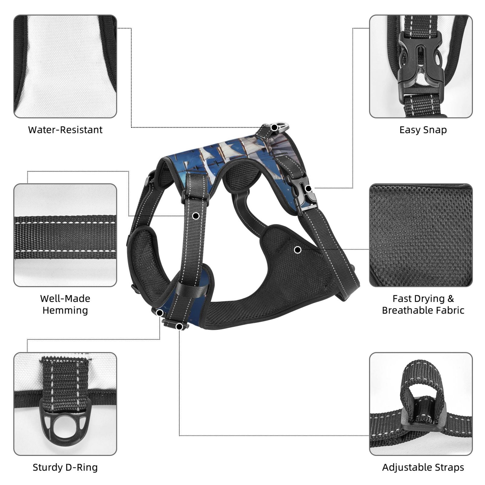Vsdgher Moonlit Night Sea Sailboat Pattern Dog Harness,No Pull Pet Harness with Soft Padded Handle,Adjustable Reflective Vest with 2 Buckles,4 Slide Buckles,S-XL Medium