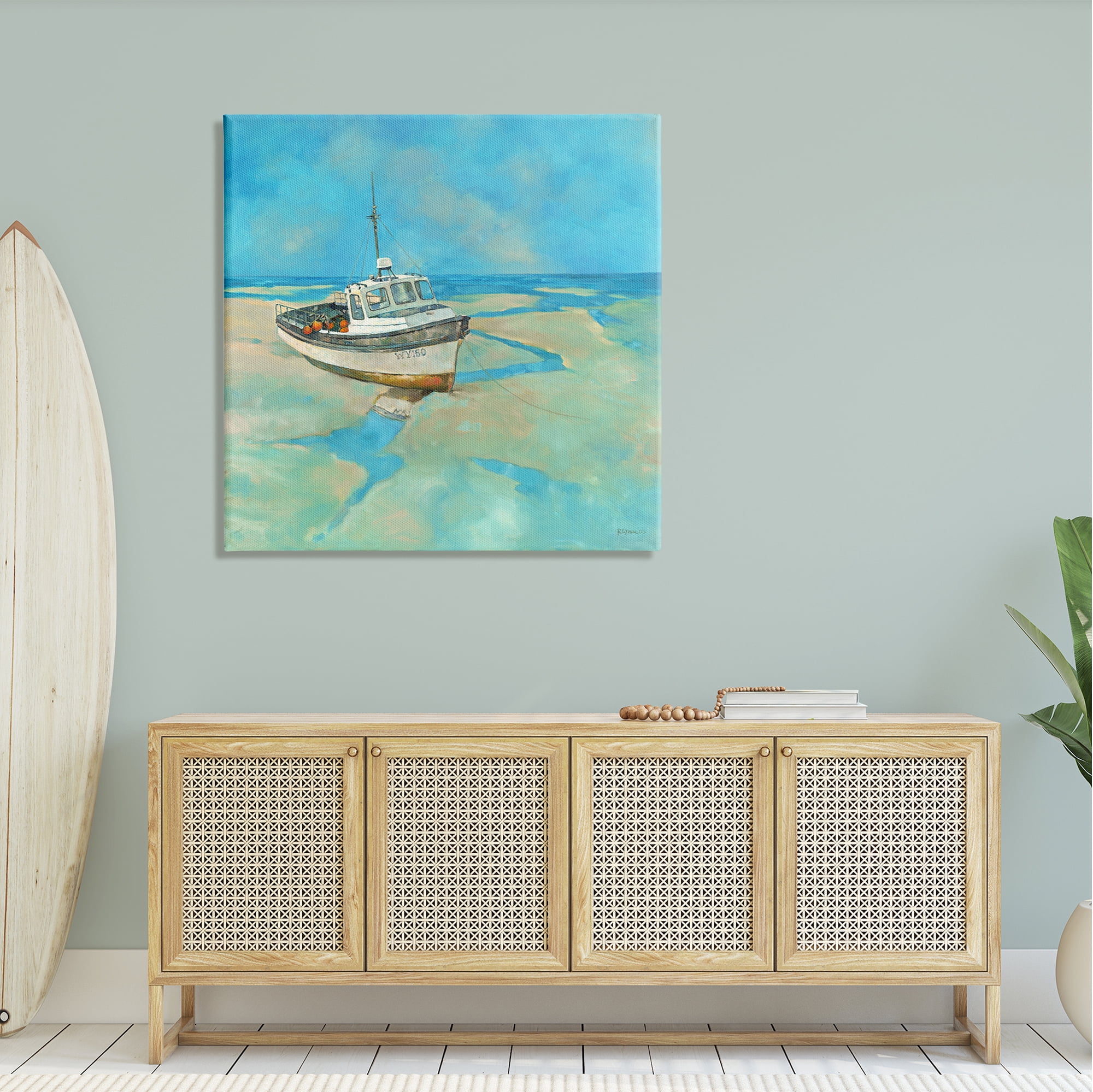 Stupell Docked Boat Low Tide Shore Landscape Painting Gallery Wrapped Canvas Print Wall Art