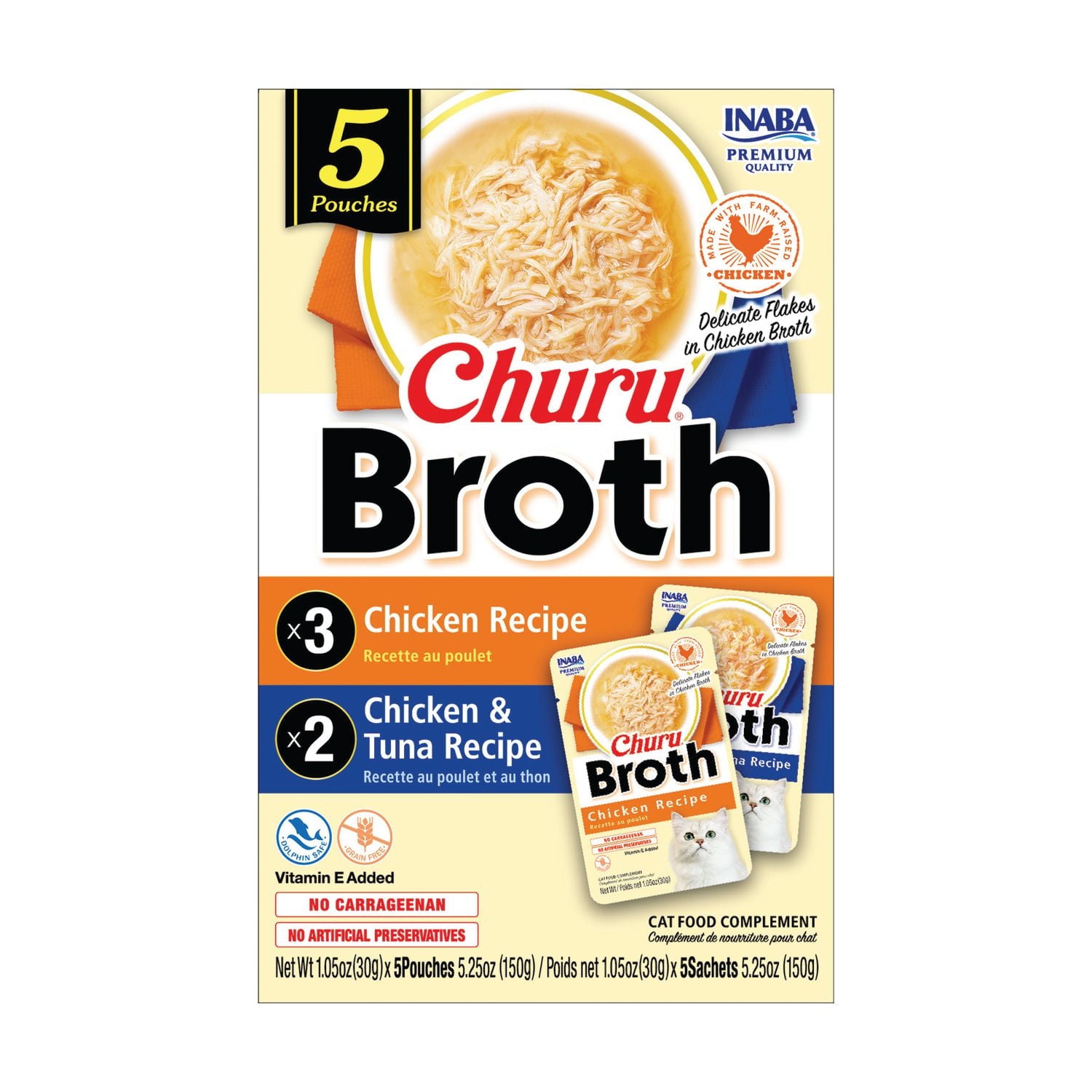 INABA Churu Broth for Cats - Chicken and Tuna Variety Pack - Chicken Recipe (3 Pouches) & Chicken & Tuna Recipe (2 Pouches) - Silky Broth with Free-range Shredded Chicken Side Dish Pouch, 30g per Pouc