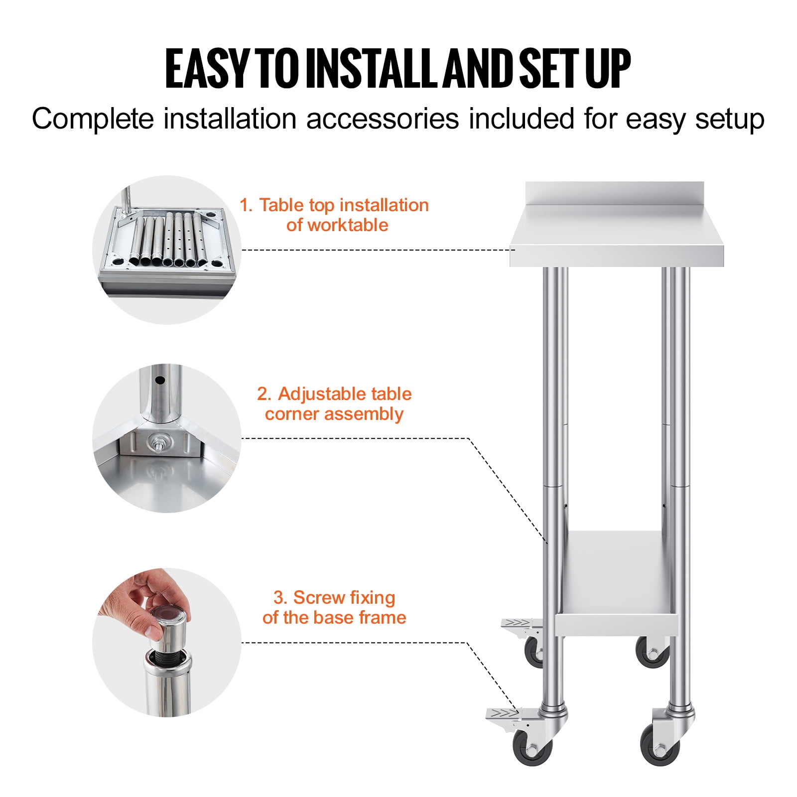 KFFKFF 24x15x40 In Stainless Steel Table, Mobile Food Preparation Surface with Wheels, Durable Metal Workstation, Height-Adjustable for Restaurants, Homes, and Hotels