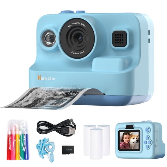 Hunkstar HC200 Instant Print Camera, Portable, 32GB SD Card, Dual Lens 1080P HD Digital Video Cameras,Autofocus, Blue