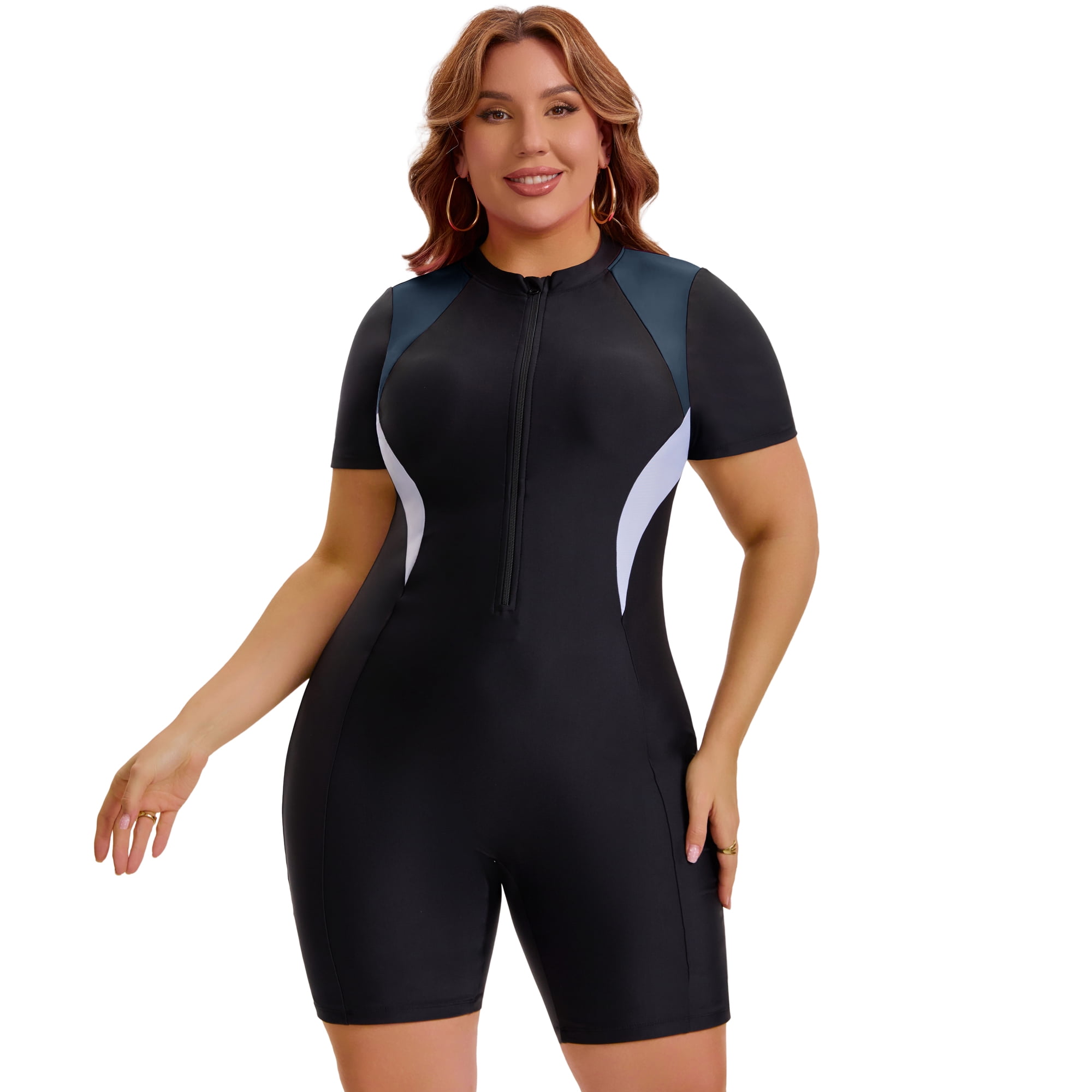 DARING DIVA Women's Plus 1pc Bathing Suit with Short Sleeves and Zipper 3X Black
