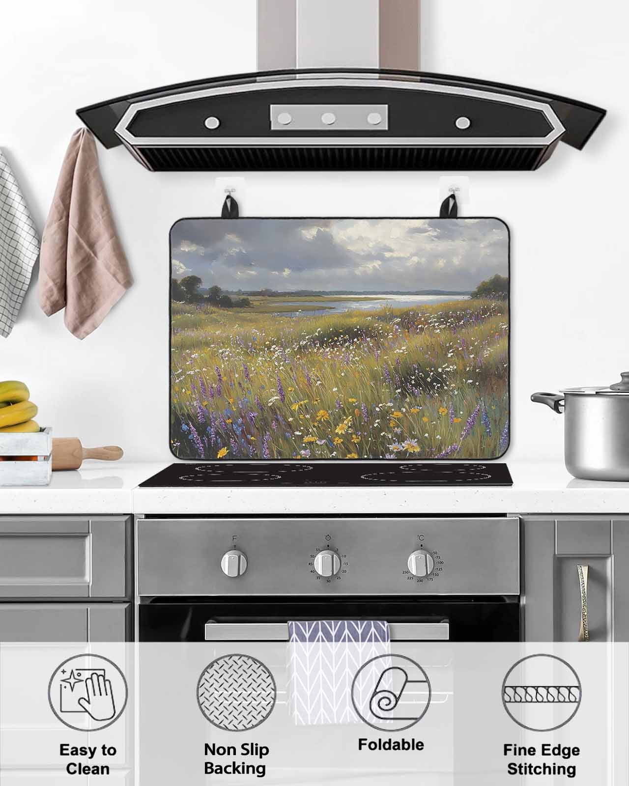 nqOlkjepod Large Induction Cooktop Protector Mat 36"x21", Spring Floral Stove Top Covers for Electric Stove, Modern Oil Painting Farmhouse Decorative Stove Burner Cover Mats, Glass Top Stove Cover