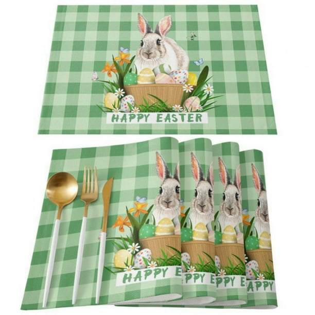 Easter Placemats Set of 4,Colorful Rabbits Eggs Wood Texture Stain