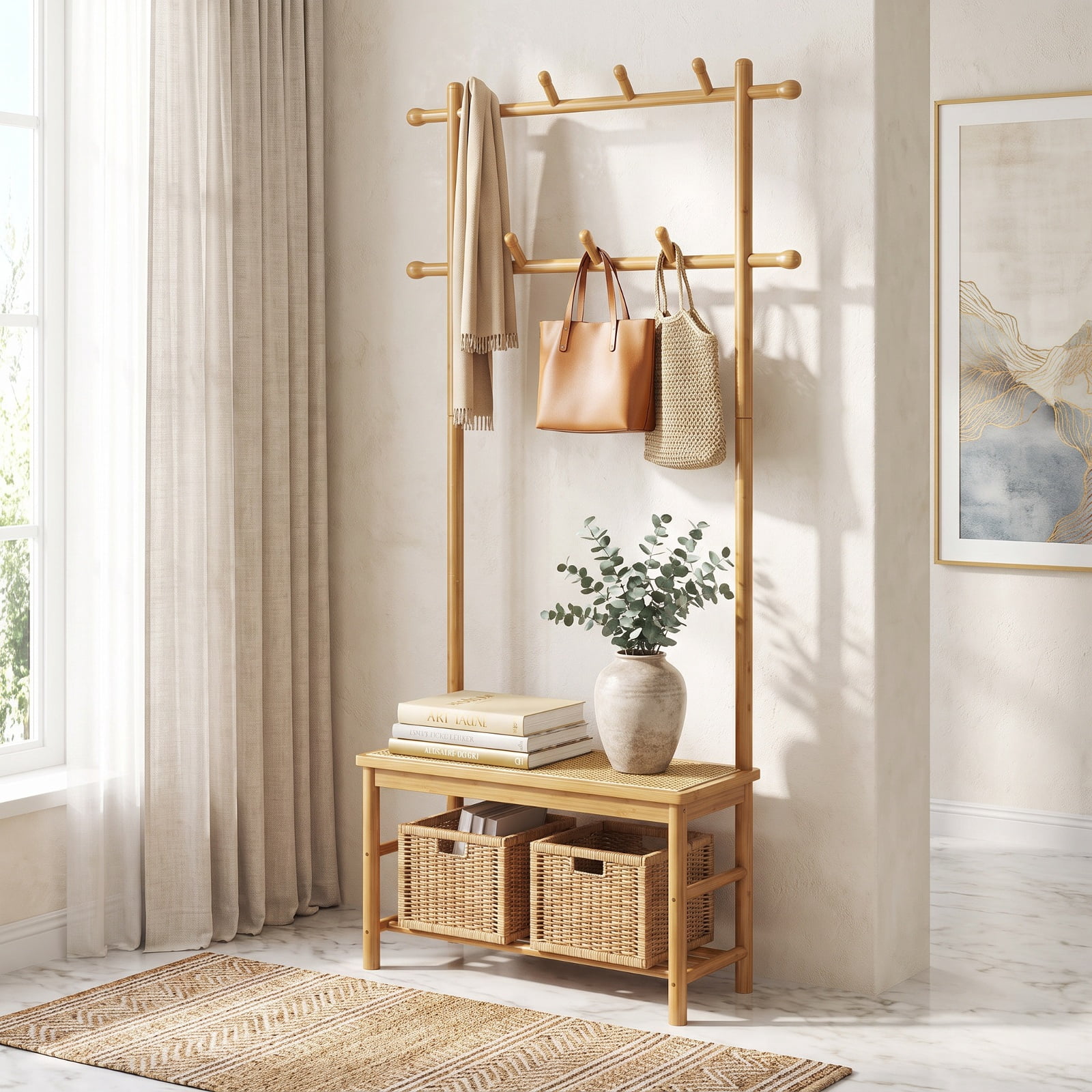 Furnibear 3 in 1 Bamboo Hall Tree Coat Rack with Bench and Shoe Storage and 11 Hooks for Entryway and Foyer and Hallway, Natural