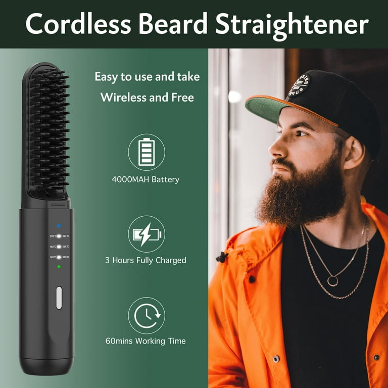 Beard Straightener for Men REHOYO Portable Cordless Hair Straightener Anti Scald Heated Beard Brush Electric Hot Comb 3 Temp Settings Ionic Mini