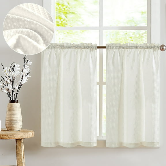 Curtainking Kitchen Curtains Waffle Textured Off White Tier Curtains 36x24 inch for Kitchen 2 Panels of Rod Pocket Short Curtains