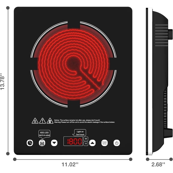 Single Burner Electric Cooktop, 110V-120V Electric Stove Infrared Hot Plate with Touch Control, Child Safety Lock, Timer, 9 Power Level, 1800W Plug in Induction Cooktop Burner for Cooking