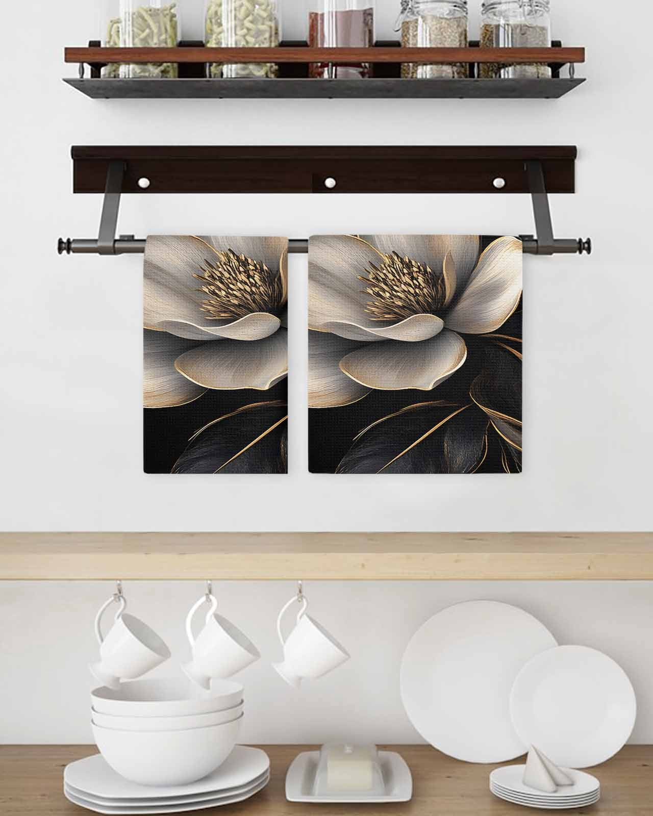 Black Gold Flower Hand Towels Set,Waffle Weave Kitchen Towels 2 Pieces,Microfiber Hair Face Bath Tea Towel Absorbent Quick Drying Cleaning Dish Cloths,Gradient Luxurious Floral Botanical 15.7"x23.6"